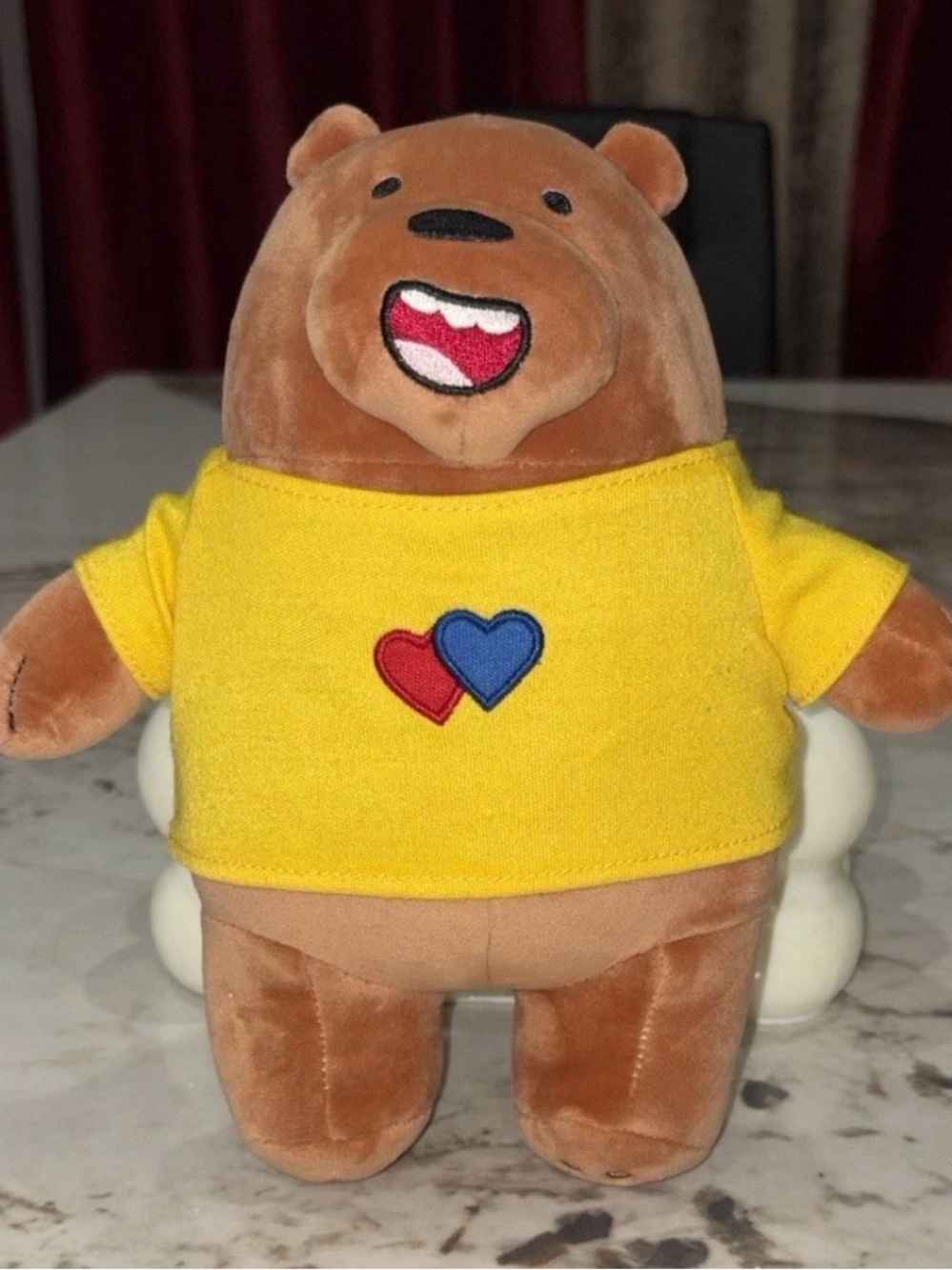 Cartoon Network Brown Bear Plush with Yellow Shirt and Red & Blue Hearts